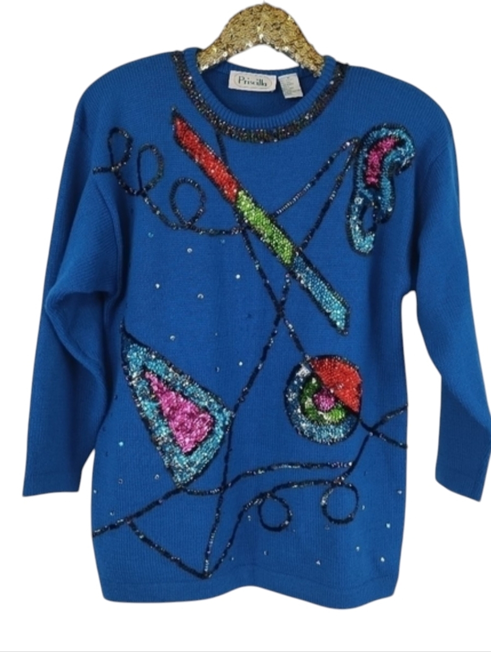 Vintage 80s Priscilla Women's Blue Geometric Sweater size Medium Maximalism